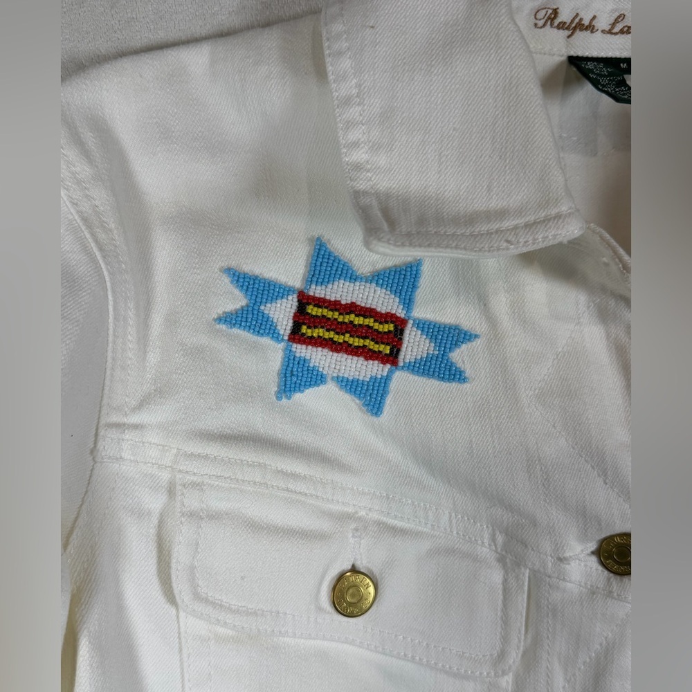 Women’s Polo Ralph Lauren White Jean Jacket Western Southwest Embroidered Bead - Picture 2 of 11